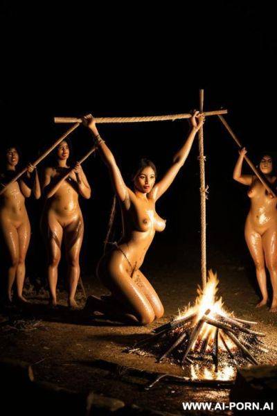 Nude woman, outside, exterior native village, bonfire, tied up, tied to a stake, ropes, arms above her head, on her knees, head down, dark, wet, black splatter, dramatic lighting, monster, wide shot, villagers watching - ai-porn.ai on pornintellect.com