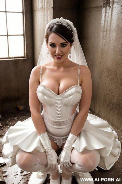 Latex bride, frilly tutu, dirty, sweat stained, squatting over pile of mud, covered in dirt stains, covered in chocolate stains, (panties full of dirt), horny, ahegao, happy - ai-porn.ai on pornintellect.com