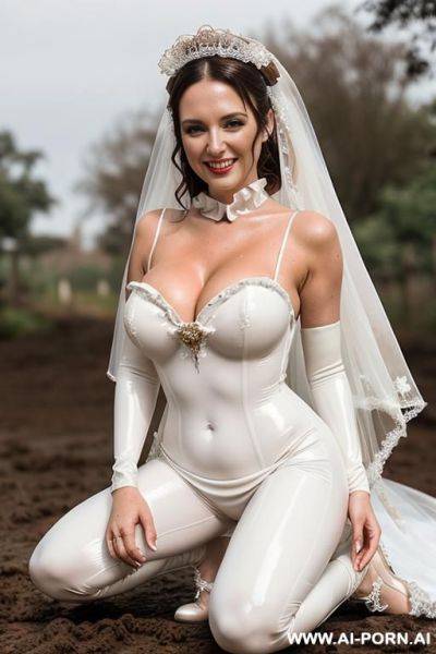 Latex bride, frilly tutu, , dirty, squatting over pile of mud, covered in dirt stains, covered in chocolate stains - ai-porn.ai on pornintellect.com