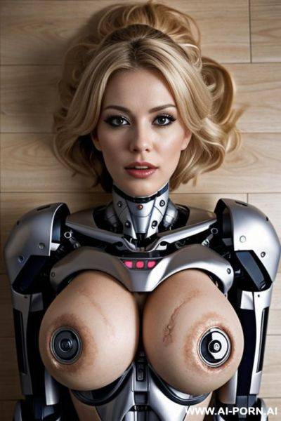 Damaged blonde robot, huge tits, lying on floor, torn skin in chest exposing robotic parts inside - ai-porn.ai on pornintellect.com