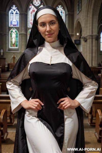 Standing in church reading the bible , wearing modest habbit, nun is wearing very modest fully black or white habbit, - ai-porn.ai on pornintellect.com