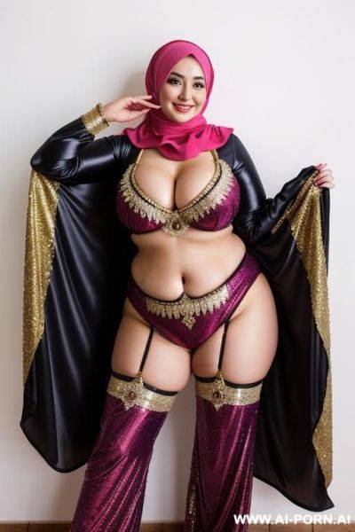 Smiling curvy russian chubby wearing hijab and belly dancing suit costume - ai-porn.ai - Russia on pornintellect.com