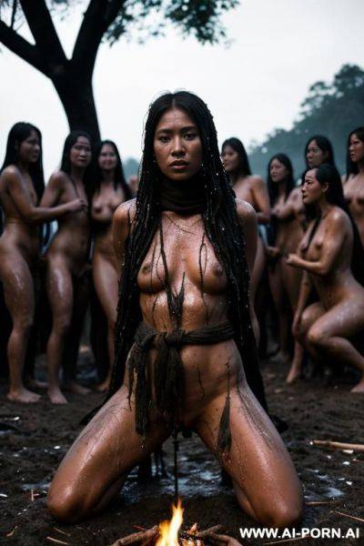 Nude woman, outside, exterior native village, bonfire, tied up, tied to a stake, ropes, arms above her head, on her knees, head down, dark, wet, black splatter, dramatic lighting, monster, wide shot, female villagers surrounding her, touching her - ai-porn.ai on pornintellect.com