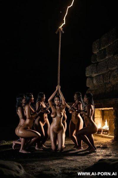 Nude woman, outside, night, exterior native village, lava, tied up, tied to a stake, ropes, arms above her head, on her knees, head down, dark, wet, black splatter, dramatic lighting, monster, wide shot, female villagers surrounding her - ai-porn.ai on pornintellect.com