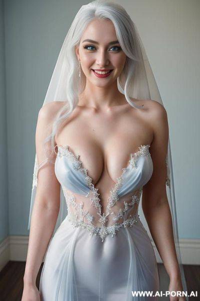_photorealistic, very beautiful bride, very transparent wedding dress, topless, show nipples, (light blue eyes), very white skin, goth skin, uzbek, - ai-porn.ai - Uzbekistan on pornintellect.com