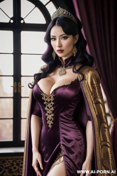 Realistic, high definition, realistic expression, beautiful, castle bedroom, royal room, royalty, expensive, expensive fabric, bimbo, slut, whore, temptress, empress, leopard print, luxury, french, white skin, sex, cape, robe - ai-porn.ai - France on pornintellect.com