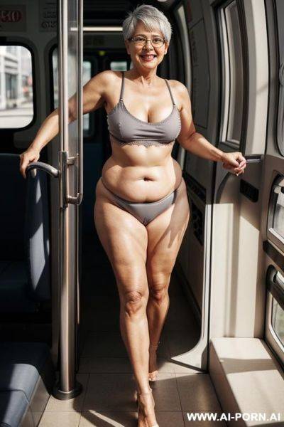 Older woman, short grey hair, dark pubic hair, huge saggy natural breasts, round belly, medium ass, thick build, with glasses , standing naked - ai-porn.ai on pornintellect.com