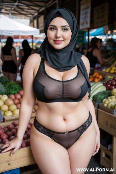 Smiling curvy russian thick wife wearing hijab، sleeveless shirt and panties standing in market - ai-porn.ai - Russia on pornintellect.com