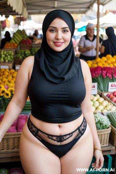 Smiling curvy russian thick wife wearing hijab، sleeveless shirt and flower panties standing in market - ai-porn.ai - Russia on pornintellect.com