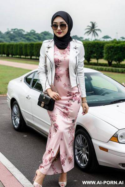 Beautiful malaysia women wearing pink hijab wearing long white floral dress with short black leather jacket - ai-porn.ai on pornintellect.com