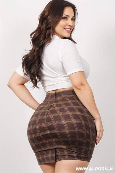 Woman, 34-year-old, greek, curvy figure, dark-brown hair, wide hips, thick thighs, big full breasts, big round buttocks, plaid skirt, from behind, smile, side view, wide-angle shot, (white background) - ai-porn.ai - Greece on pornintellect.com