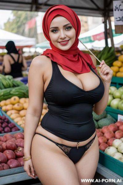 Smiling curvy russian busty wearing hijab، sleeveless shirt and panties standing in market - ai-porn.ai - Russia on pornintellect.com