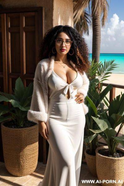 Tropical, arabic women, fluffy curly haïr, stand, full shot, glasses - ai-porn.ai on pornintellect.com