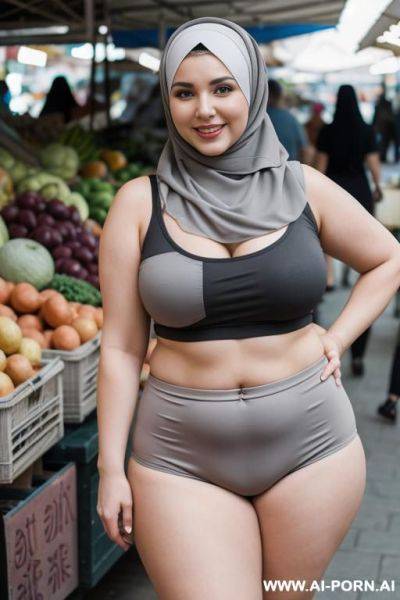 Smiling curvy russian thick wife wearing hijab، sleeveless shirt and gray panties standing in market - ai-porn.ai - Russia on pornintellect.com
