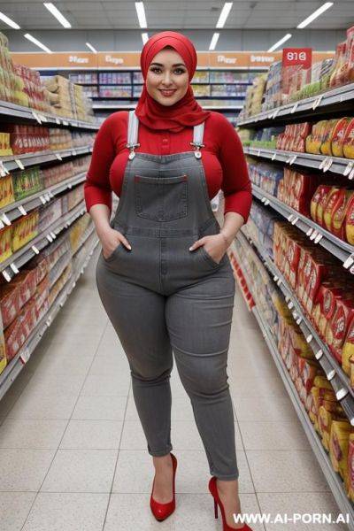 Smiling curvy russian thick wife standing topless wearing hijab and red and gray overalls in supermarket - ai-porn.ai - Russia on pornintellect.com