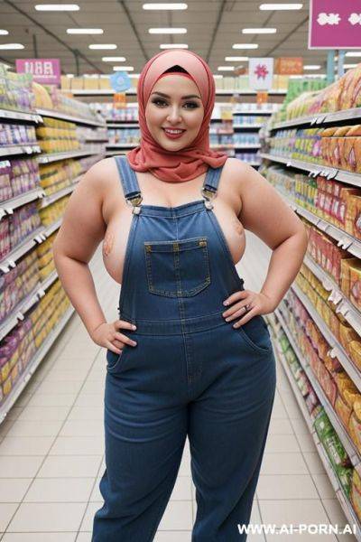 Smiling curvy russian thick wife standing topless wearing hijab and colored overalls in supermarket - ai-porn.ai - Russia on pornintellect.com