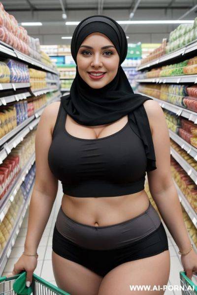 Smiling curvy russian thick wife wearing hijab، sleeveless shirt and black and gray panties standing in supermarket - ai-porn.ai - Russia on pornintellect.com