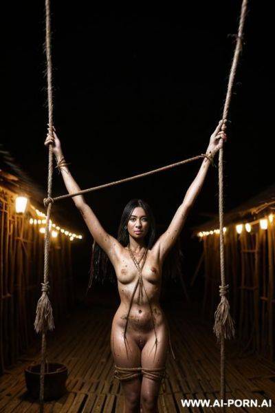 Nude woman, outside, night, exterior native village, tied up, tied to a stake, ropes, arms above her head, suspended from a bamboo framework, dark, wet, black splatter, dramatic lighting, monster, wide shot, villagers watching - ai-porn.ai on pornintellect.com