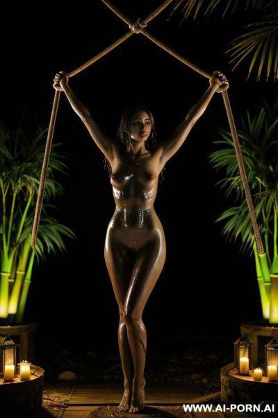 Nude woman, outside, night, jungle, tied up, tied to a stake, ropes, arms above her head, suspended from a bamboo x-shaped framework, dark, wet, black splatter, dramatic lighting, monster, wide shot, villagers watching - ai-porn.ai on pornintellect.com