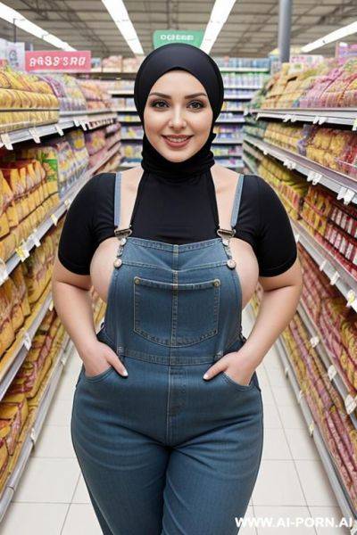 Smiling curvy russian thick wife standing topless wearing hijab and flower overalls in supermarket - ai-porn.ai - Russia on pornintellect.com