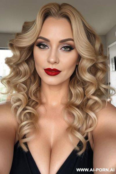 Blonde, red lipstick, milf, makeup, long curly hair, selfie - ai-porn.ai on pornintellect.com