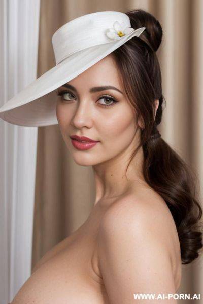 Winter, (pallid white skin), (closeup portrait), bent over, pin-up style , (ultra detailed), (smirk with closed lips), looking into camera, curtains background, (bright pallid body), (white floppy hat - ai-porn.ai on pornintellect.com