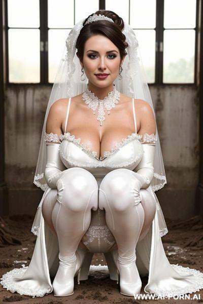Latex bride, frilly tutu, dirty, squatting over pile of mud, covered in dirt stains, covered in chocolate stains, panties full of dirt - ai-porn.ai on pornintellect.com