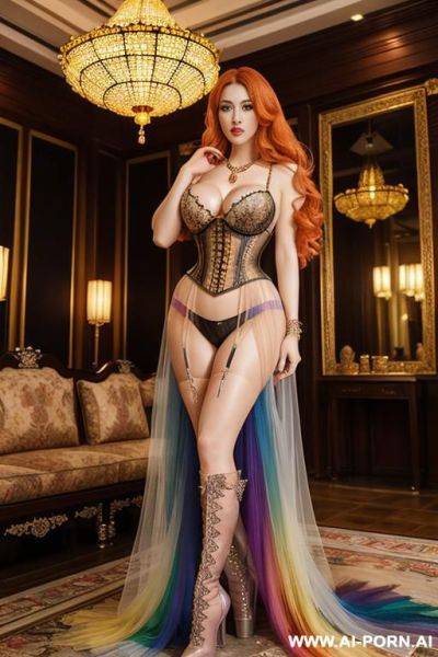 Blonde , rainbow transparent corset，tutu skirt， mesh robe， rainbow transparent bra ,necklace，rainbow large pointed thigh-high boots - ai-porn.ai on pornintellect.com