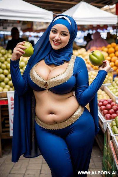Smiling curvy russian chubby wearing hijab and belly dancing suit costume standing in market - ai-porn.ai - Russia on pornintellect.com