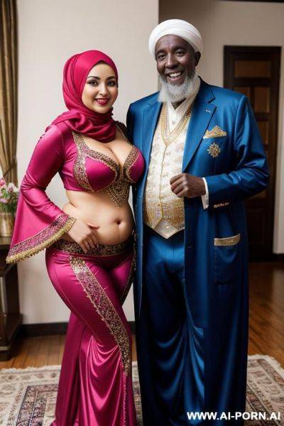Smiling curvy russian chubby wearing hijab and belly dancing suit costume standing with old african man - ai-porn.ai - Russia on pornintellect.com