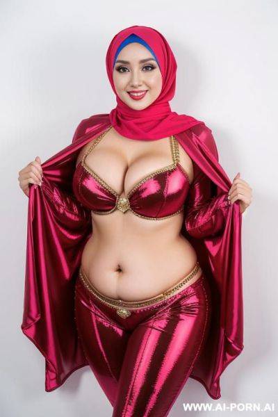 Smiling curvy russian chubby wearing hijab and belly dancing suit costume - ai-porn.ai - Russia on pornintellect.com