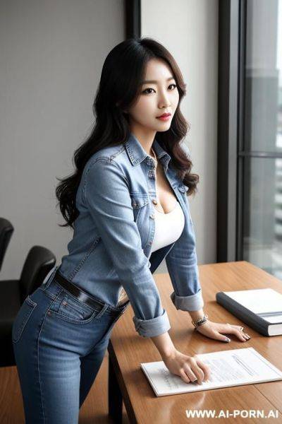 The korean woman is the female boss, wearing jeans, leaning over the table - ai-porn.ai - North Korea on pornintellect.com