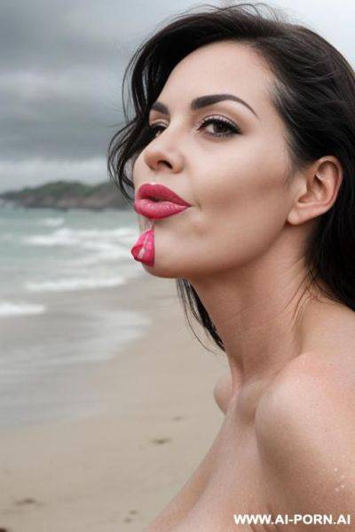 (((beautiful sexy attractive))) naked milf, (((kiss face happy))), beach, overcast cloudy day with diffuse soft light, (eye contact), [lipstick] - ai-porn.ai on pornintellect.com