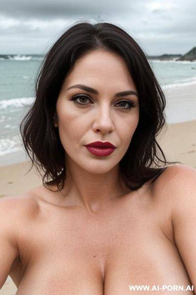 (((beautiful sexy attractive))) naked milf, (kiss face), beach, overcast cloudy day with diffuse soft light, (eye contact), [lipstick] - ai-porn.ai on pornintellect.com