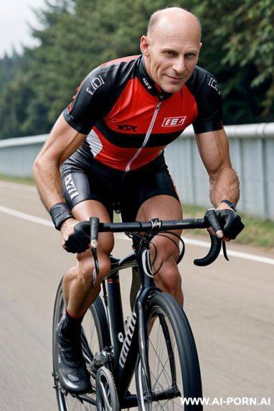One muscular man, fifty years old, almost bald, on racing bike - ai-porn.ai on pornintellect.com