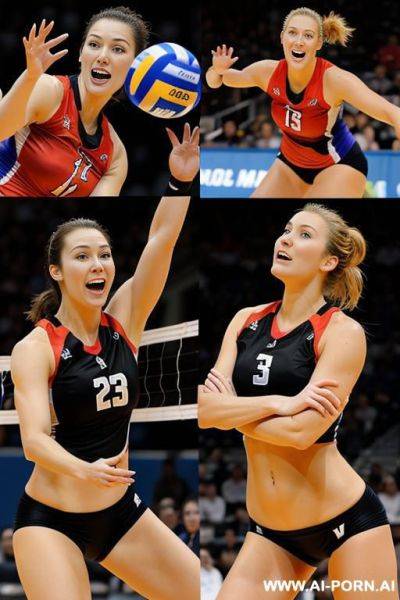 This image is a collage of two photos of smiling volleyball player, , hyper detailed photo, large big tits, tight ass - ai-porn.ai on pornintellect.com