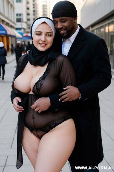 Smiling curvy russian thick wife fully naked wearing hijab and panties hugged from homeless black man - ai-porn.ai - Russia on pornintellect.com