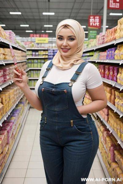 Smiling curvy russian thick wife standing topless wearing hijab and floral overalls in supermarket - ai-porn.ai - Russia on pornintellect.com
