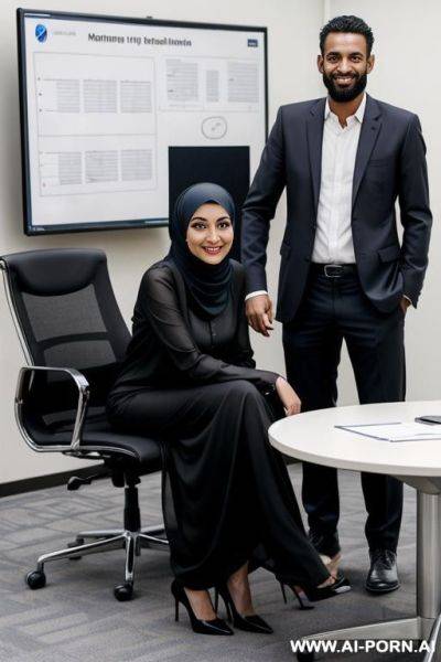 Smiling female boss in hijab and naked next to homeless man in conference room - ai-porn.ai on pornintellect.com