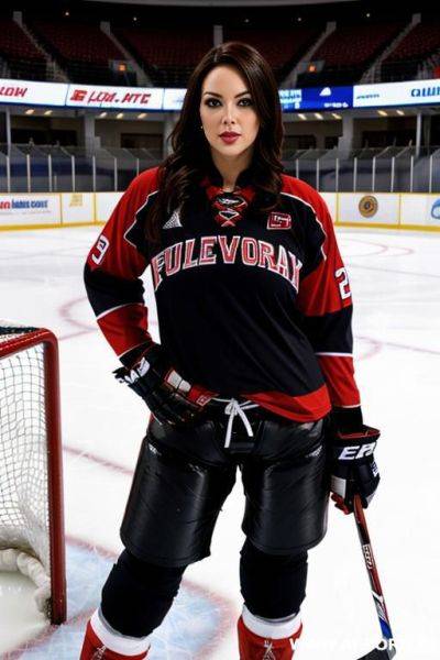 Sexy chubby brunette fucked gystyle by a man in front of a hockey goal on ice arena. - ai-porn.ai on pornintellect.com
