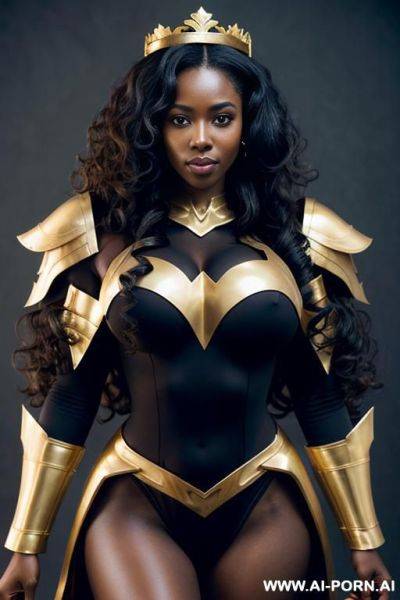 Long curly hair; using a crown and a golden armor - ai-porn.ai on pornintellect.com