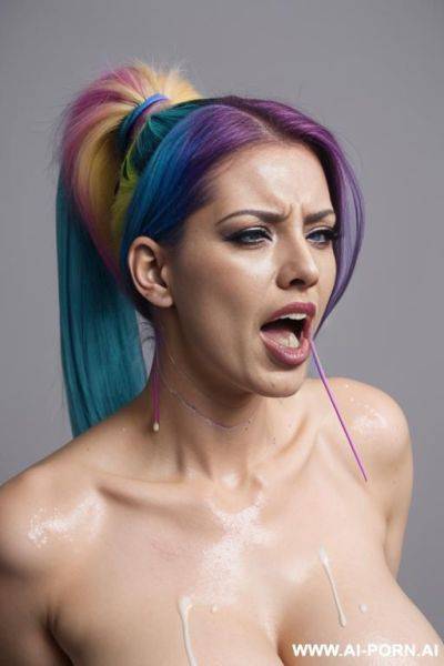 Woman, very tall, huge tits, no shirt, covered in thick white cum, rainbow hair, ponytail, screaming in pain, rope around her hands, full body. - ai-porn.ai on pornintellect.com