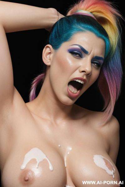 Girl, very tall, huge tits, no shirt, covered in thick white cum, rainbow hair, ponytail, screaming in pain, rope around her hands. - ai-porn.ai on pornintellect.com