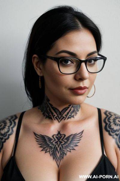 Nerdy and curvy woman with glasses. neck tattoo - ai-porn.ai on pornintellect.com