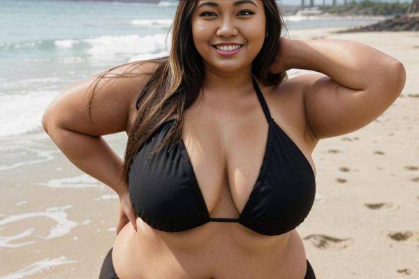 A fat chubby shorty filipina milf is stripping out of a black bikini. the woman is happy and she is dancing. the woman has long brown straight hair with blonde highlights. the woman was a - ai-porn.ai on pornintellect.com