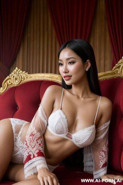 Bali woman, happy, beautiful natural boobs, pretty natural body, red and white indonesian royal robes, royal lingerie, in a harem, on a couch - ai-porn.ai - Indonesia on pornintellect.com