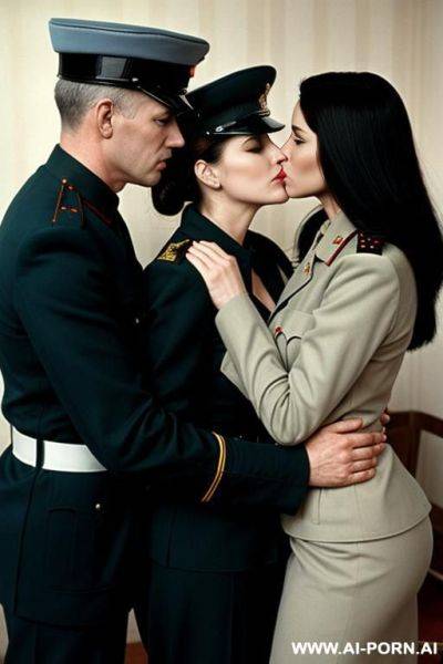 Two soviet policewomen kissing a prioner man. - ai-porn.ai on pornintellect.com