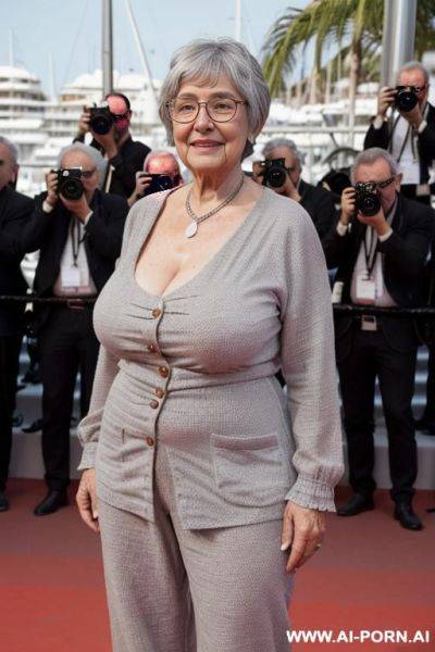 Older woman, short grey hair, dark pubic hair, huge saggy natural breasts, round belly, medium ass, thick build, with glasses , standing naked no clothes - ai-porn.ai on pornintellect.com