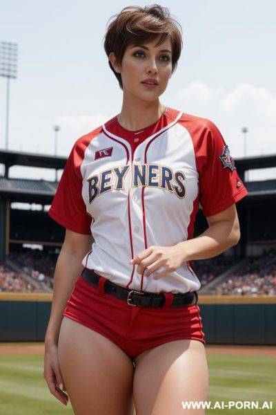 Brown hair, pixie haircut, humongous breasts, fit body, baseball jersey, no panties, full body photo - ai-porn.ai on pornintellect.com