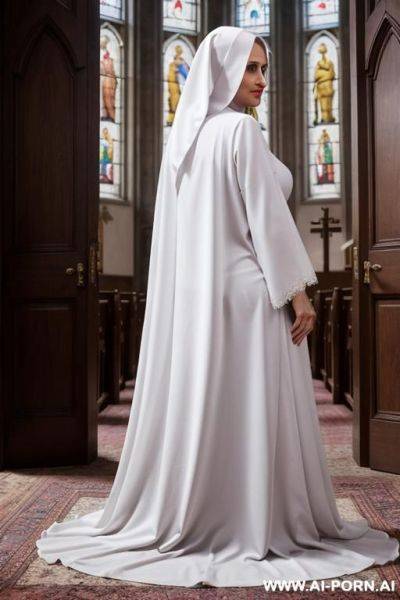 1 woman, 30 year old milf, mother superior, , alter, looking back, sly smile, 10 photo, hourglass figure, cross necklace, traditional nun habit, gorgeous, pink lips, no panties, fully nude best - ai-porn.ai on pornintellect.com